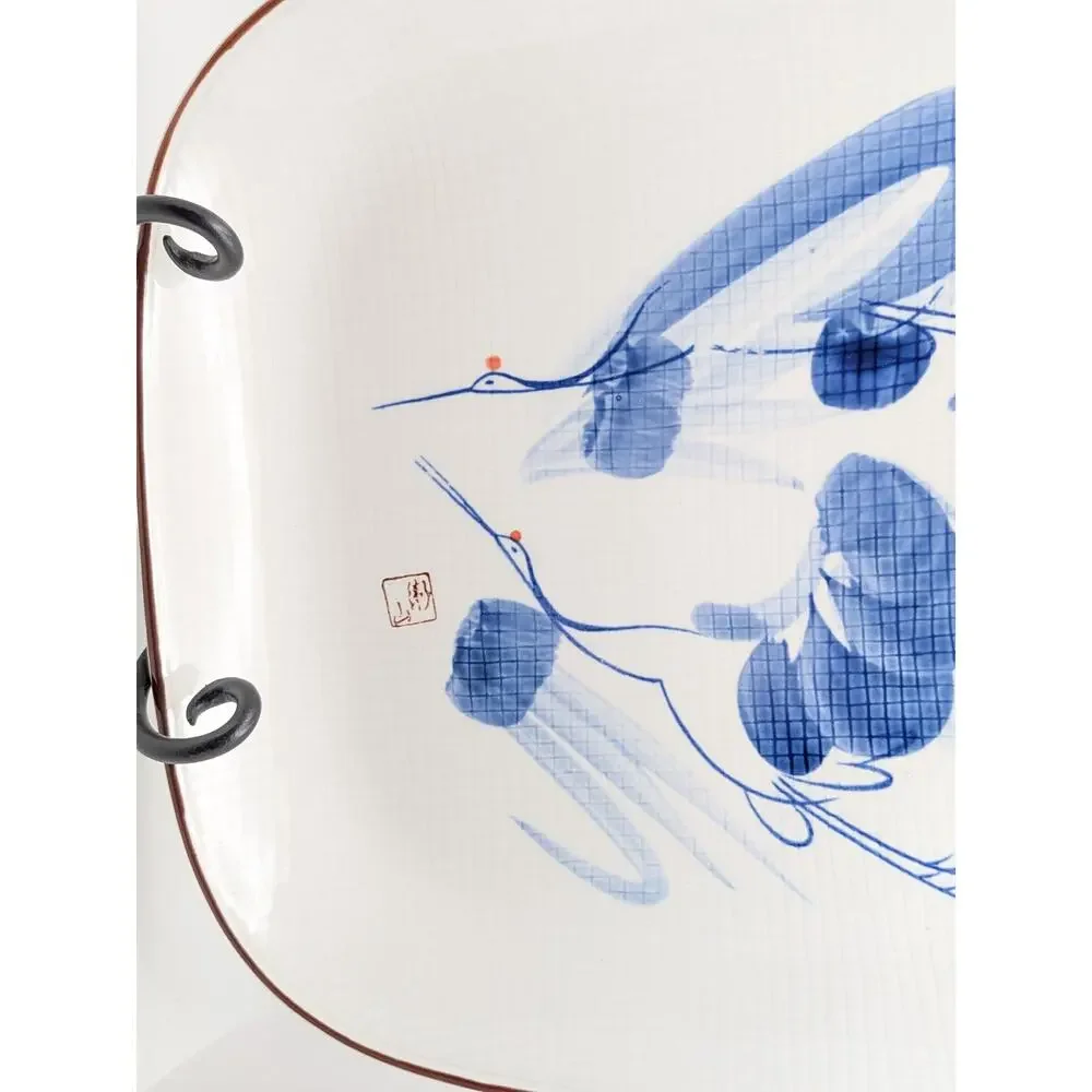 UTSUWA NO YAKATA Vintage Japanese Plate Square Blue Crane Bird Ceramic 12.5in